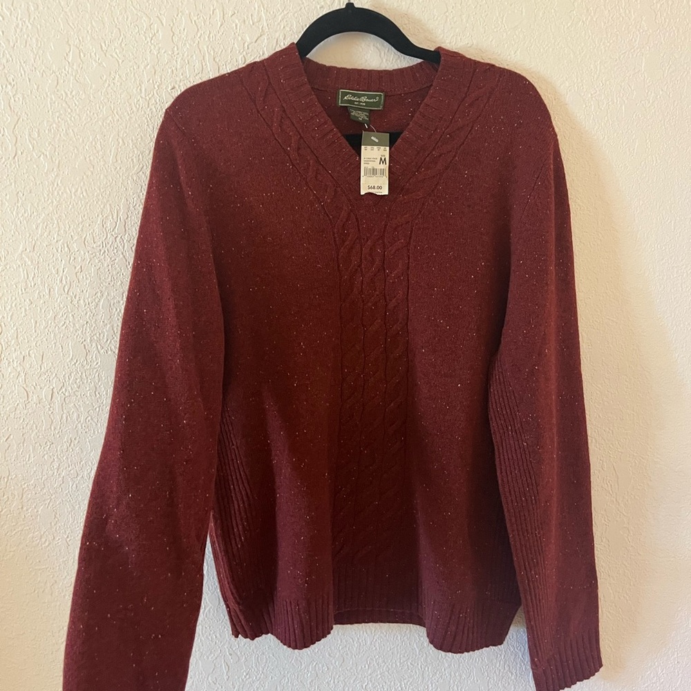 Eddie Bauer Lambs Wool and Camel Red Cable V Neck Sweater NWT
